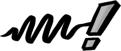 A black and white drawing of a wave and an exclamation point.