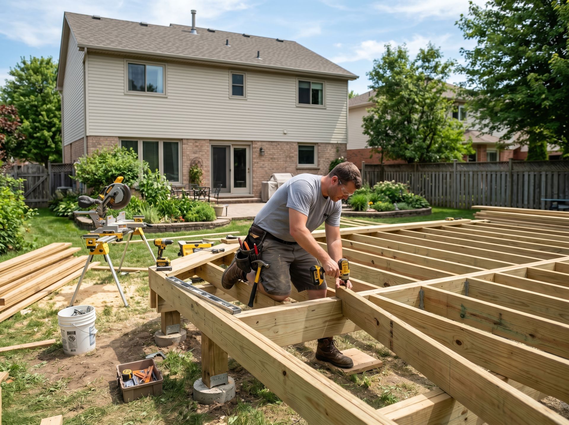 A carpenter fastens decking lumber joists onto a new backyard deck frame behind a two-story house.