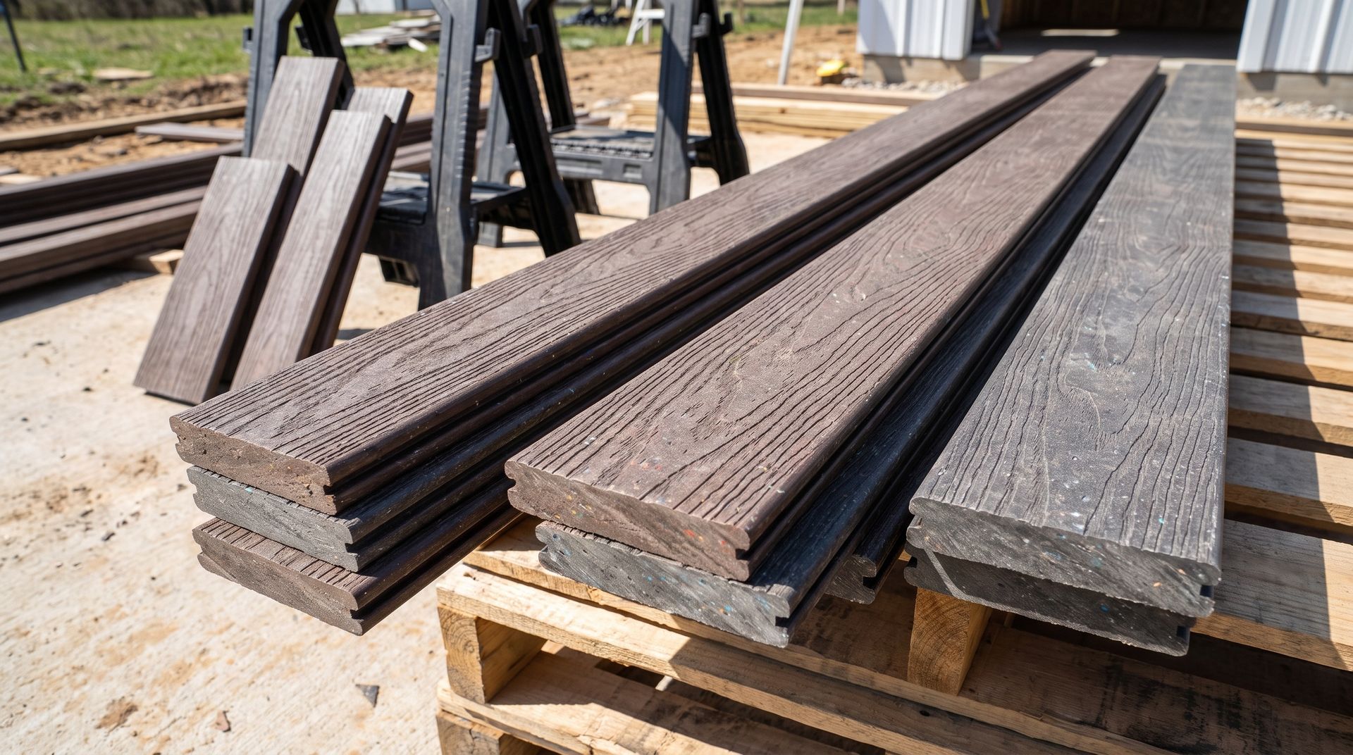Grooved composite deck supply boards in brown and gray stacked on wood pallets at a sunny job site. Grooved composite deck supply boards in brown and gray stacked on wood pallets at a sunny job site.