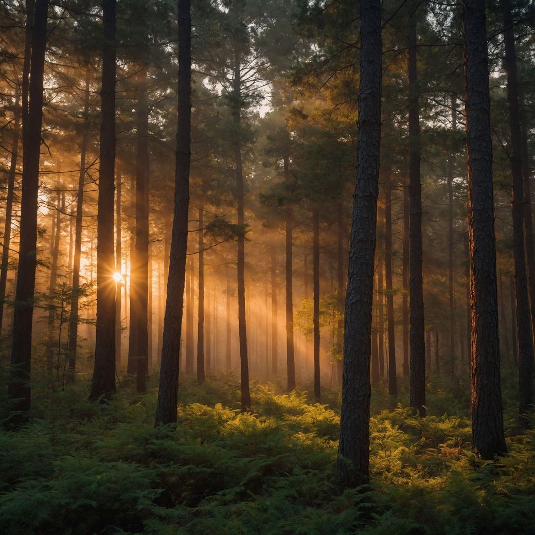 Lumière du soleil filtrant à travers une forêt de pins brumeuse à l'aube