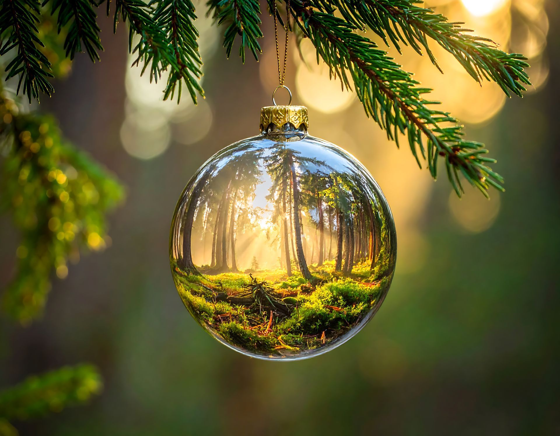 Ornement de Noël en verre reflétant une forêt de conifères ensoleillée sur une branche de pin
