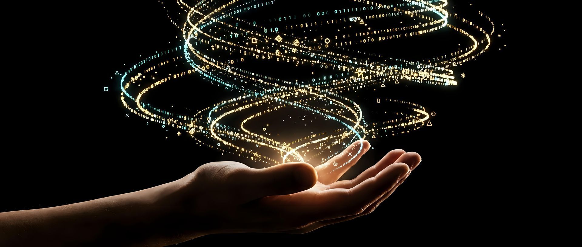 Une main tendue vers des spirales de lumière dorée éclatante sur fond sombre