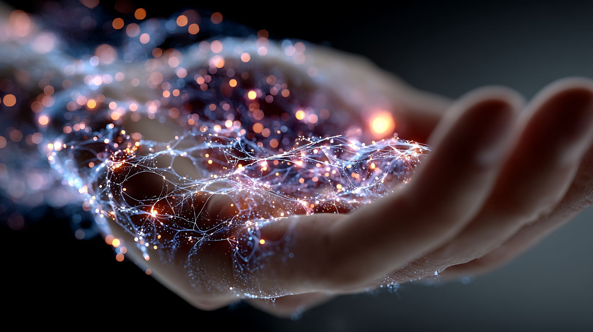 Paume ouverte tenant des lignes et des particules de réseau lumineuses sur fond sombre
