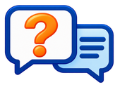 Blue speech bubbles with an orange question mark and text lines, representing help or a question.