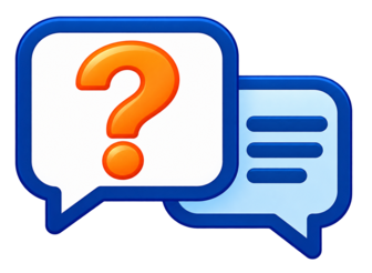 Blue speech bubbles with an orange question mark and text lines, representing help or a question.