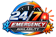 24/7 emergency availability graphic with blue and orange icons and a red alarm light