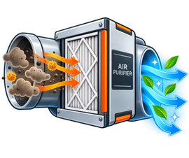 Air purifier cleaning polluted air, with dust entering and fresh blue air flowing out