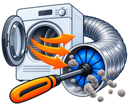 Washing machine with open door and dryer vent brush cleaning lint from a blue duct