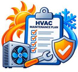 HVAC maintenance plan clipboard with sun, snowflake, fan, wrench, and shield icons