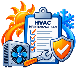 HVAC maintenance plan clipboard with sun, snowflake, fan, wrench, and shield icons