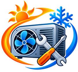 Air conditioner repair icon with sun, snowflake, fan, wrench, and screwdriver