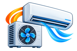 Wall-mounted air conditioner above a blue fan and orange-blue airflow
