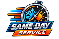 Logo with stopwatch and sun/snowflakes, reading “SAME-DAY SERVICE” in blue and orange.
