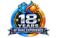 18 years of HVAC experience badge with blue and orange sun and snowflake icons