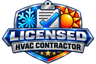 Licensed HVAC contractor badge with blue snowflake, clipboard checkmark, and orange sun icon