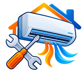 Air conditioner repair icon with wrench, house roof, and hot and cool airflow lines