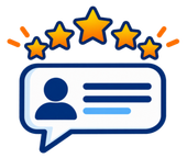 Blue chat bubble with user icon and five gold stars above it, suggesting a positive review or rating
