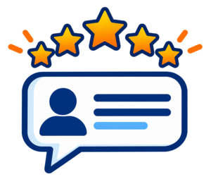 Blue chat bubble with user icon and five gold stars above it, suggesting a positive review or rating
