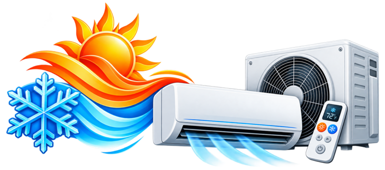 Air conditioner with remote, cool blue airflow, sun and snowflake symbols indicating heating and cooling