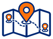 Folded map with blue route and three orange location pins