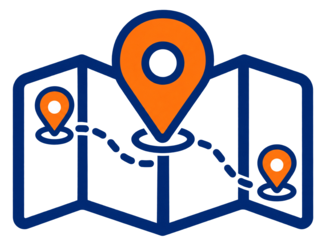 Folded map with blue route and three orange location pins
