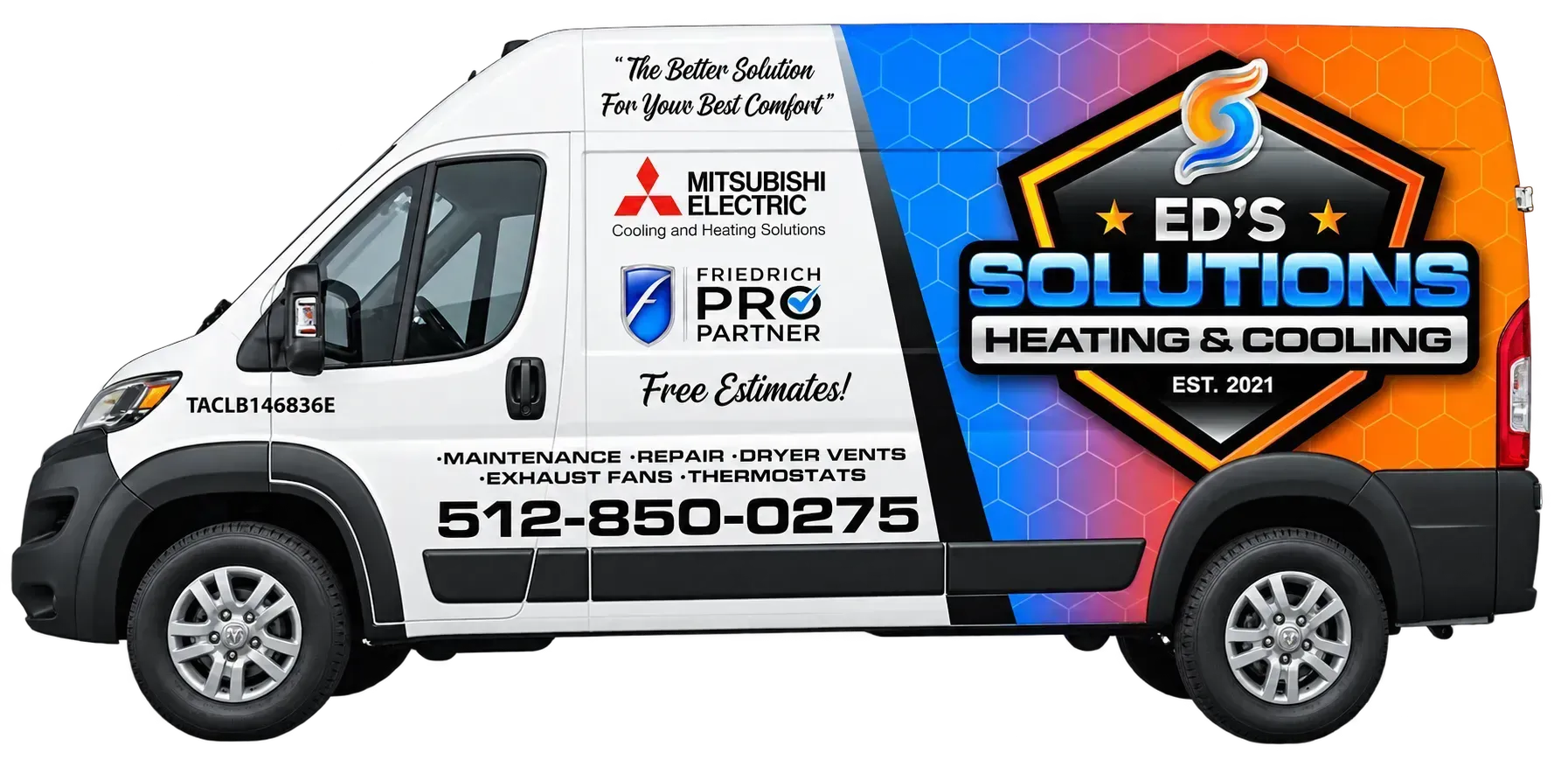 White service van with blue and orange “Ed’s Solutions Heating & Cooling” branding and phone number 512-850-0275