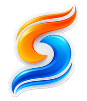 Stylized orange and blue abstract logo with flowing curved shapes