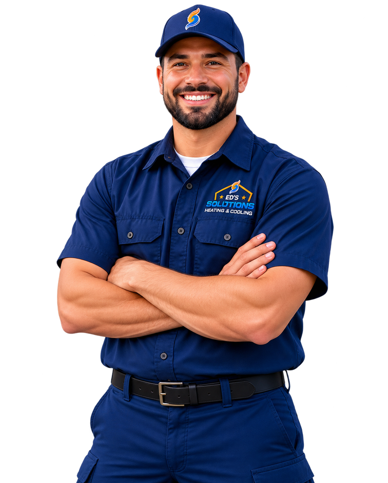 Smiling worker in blue uniform and cap with arms crossed, standing against a white background