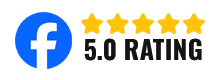 Facebook 5.0 rating with five gold stars on a white background