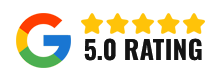 Google logo with five gold stars and the text “5.0 RATING”