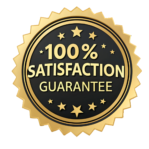 Gold seal badge with black center reading “100% Satisfaction Guarantee” in bold text.