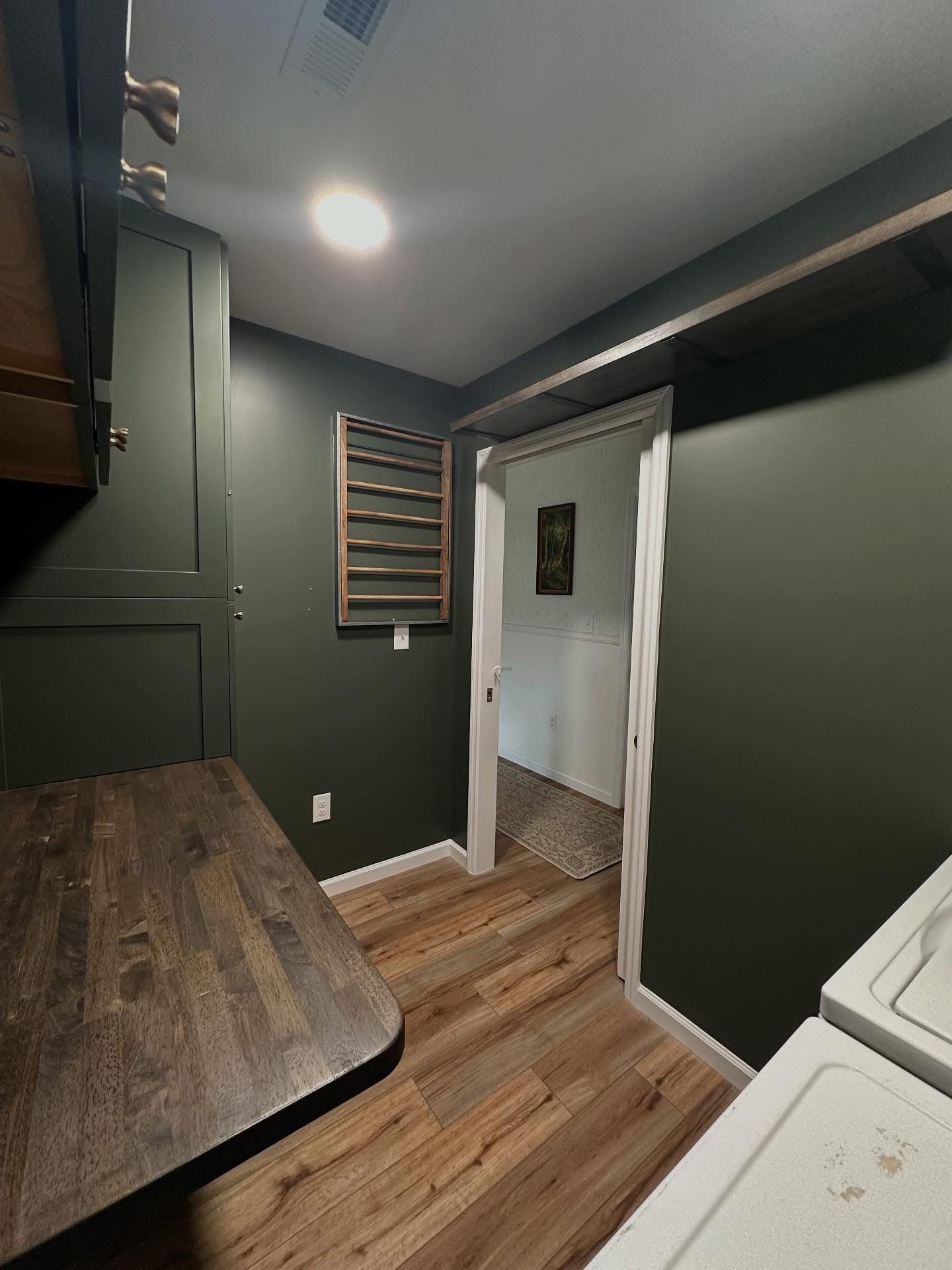 Narrow kitchen with dark green walls, wood floors, open doorway, and a round ceiling light.