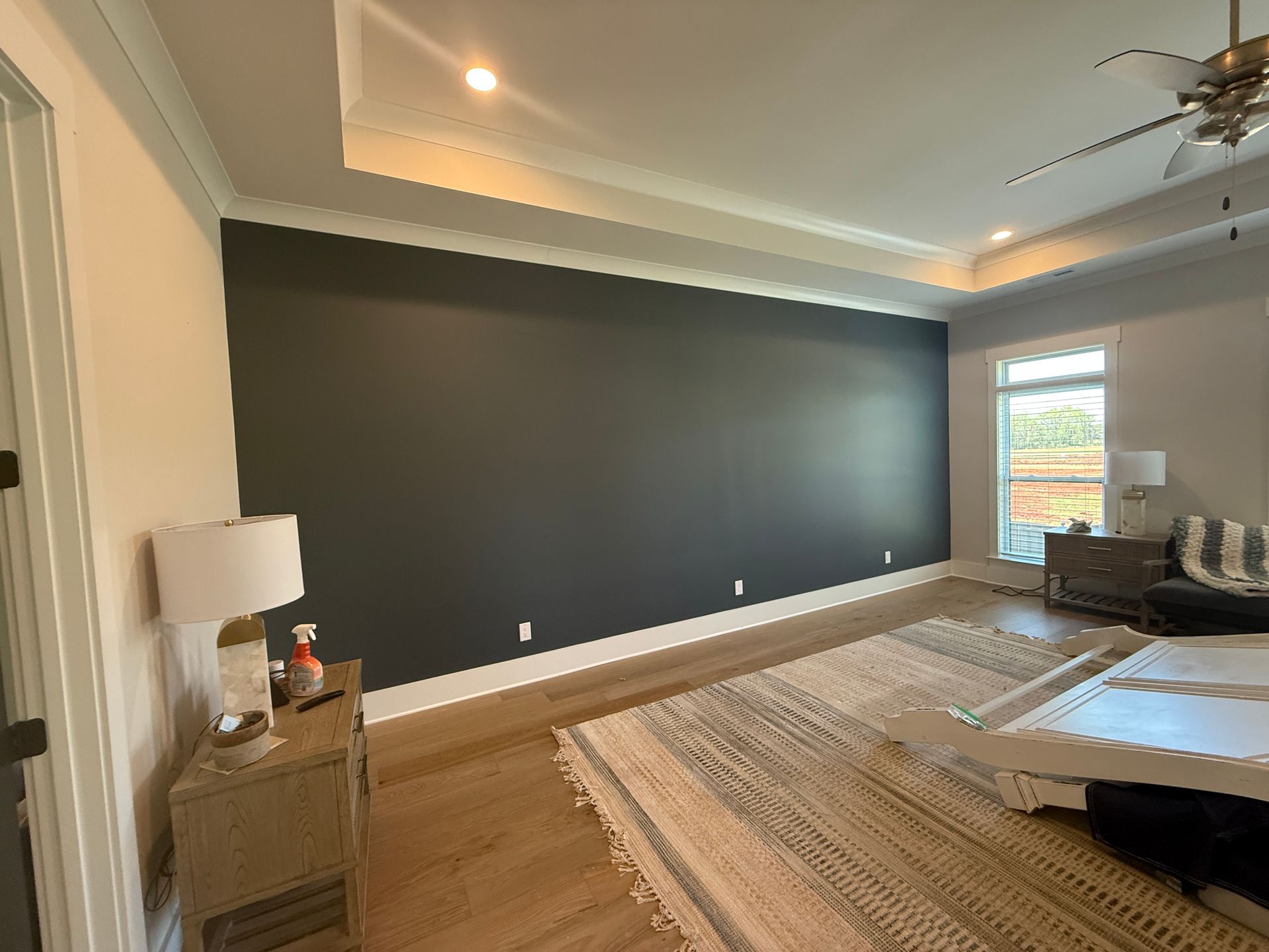 Modern bedroom with a dark accent wall, wood floors, large rug, and window light