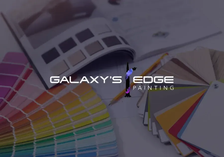 Colorful paint swatches and a fan deck with “Galaxy’s Edge Painting” logo overlaid