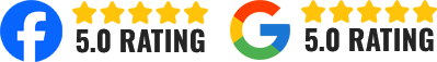 Facebook and Google 5-star 5.0 rating badges in blue, yellow, red, and green.