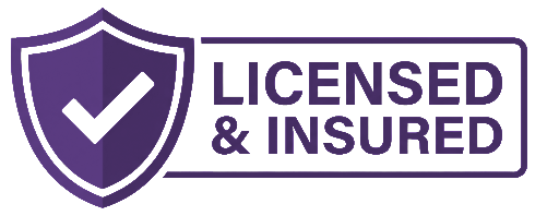 Purple shield checkmark badge with “Licensed & Insured” text