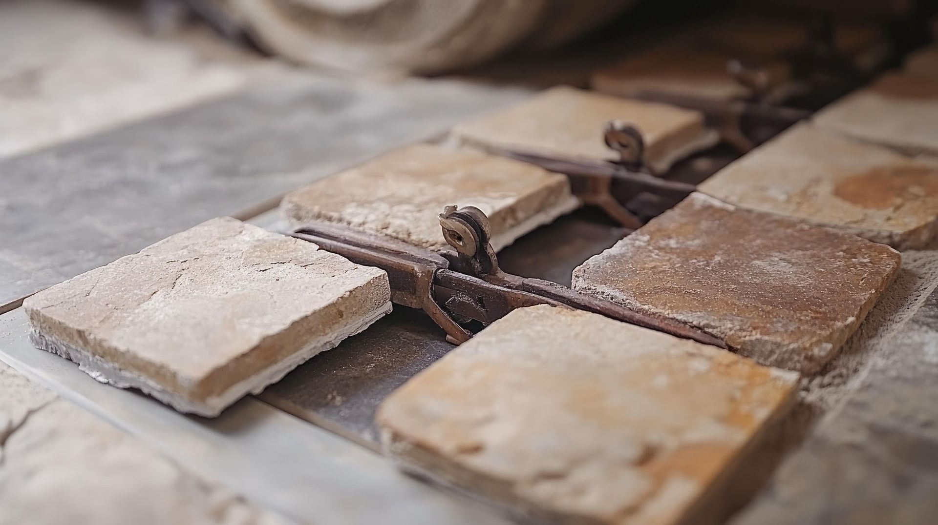 A close up of a row of tiles on a floor.