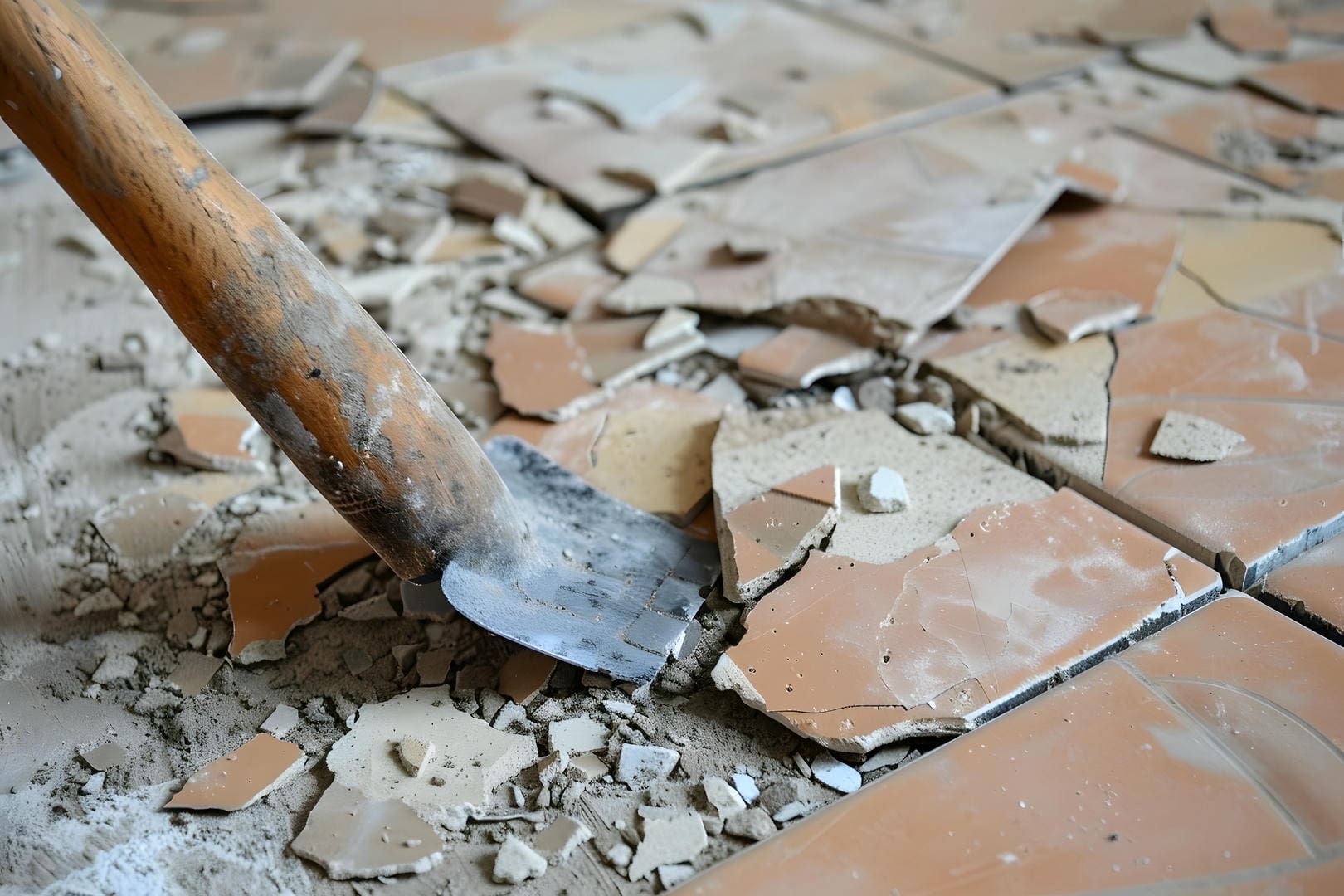 A shovel is being used to remove broken tiles from the floor.