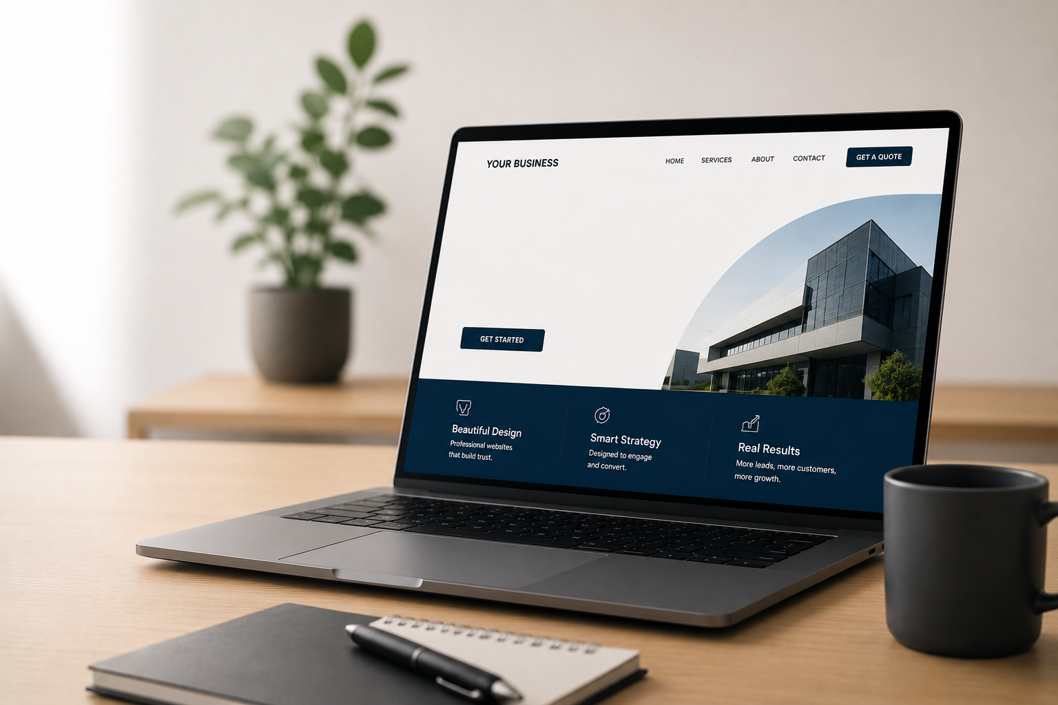 A laptop with a website design for a company
