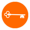 White key on orange circle.