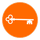 White key icon inside an orange circle.
