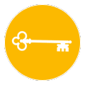 White key on an orange circle.