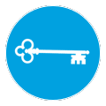 White key icon on blue circle.