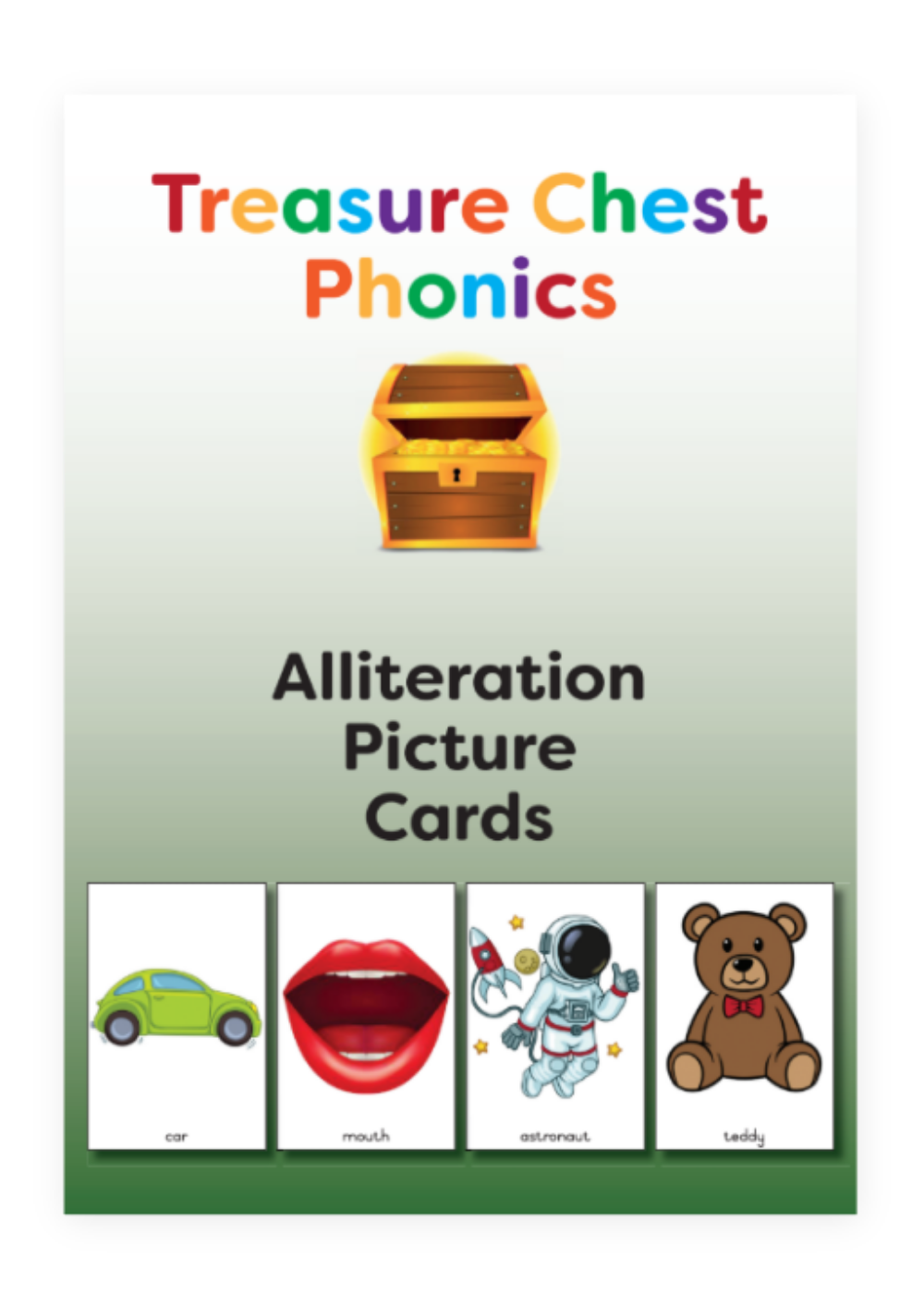 Treasure Chest Phonics alliteration picture cards cover with treasure chest and four sample pictures