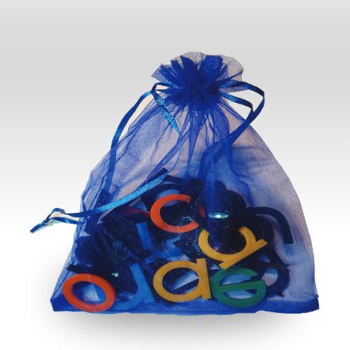 Blue mesh bag with colorful wooden alphabet letters.