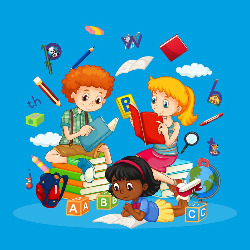 Three children reading books surrounded by school supplies and letters against a blue background.