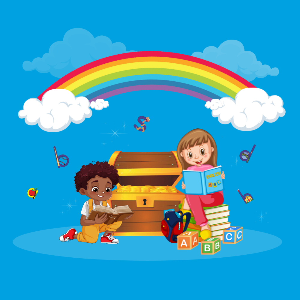Children reading near a treasure chest under a rainbow. Blue background.