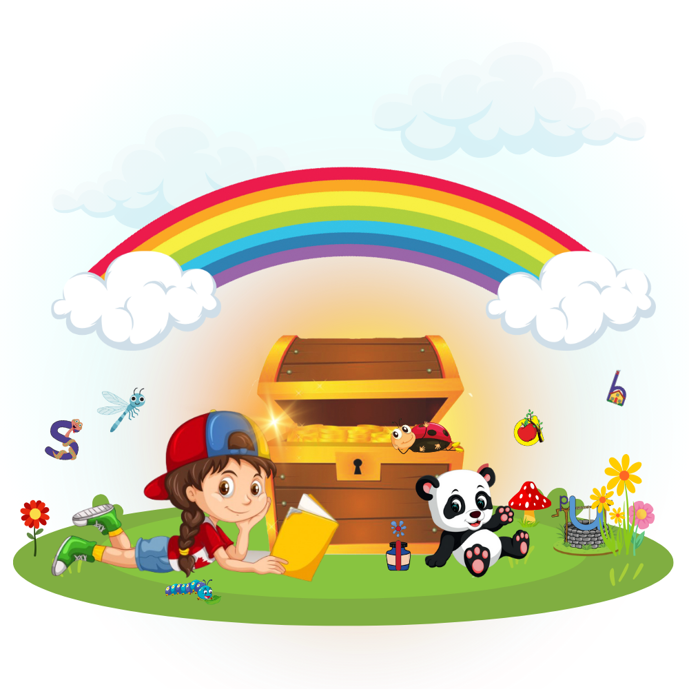 Girl reading book near treasure chest, rainbow, panda, flowers, insects on green grass.