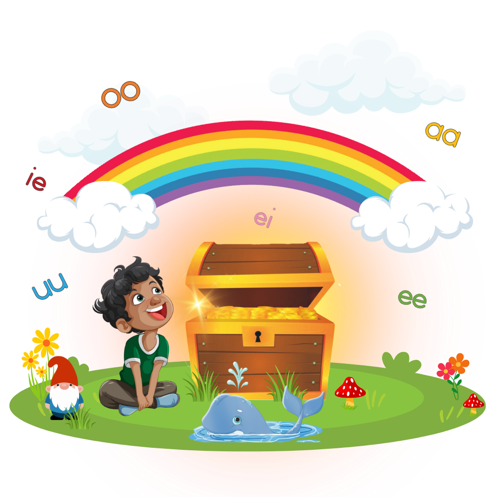 Boy and zebra looking at an open treasure chest under a rainbow.