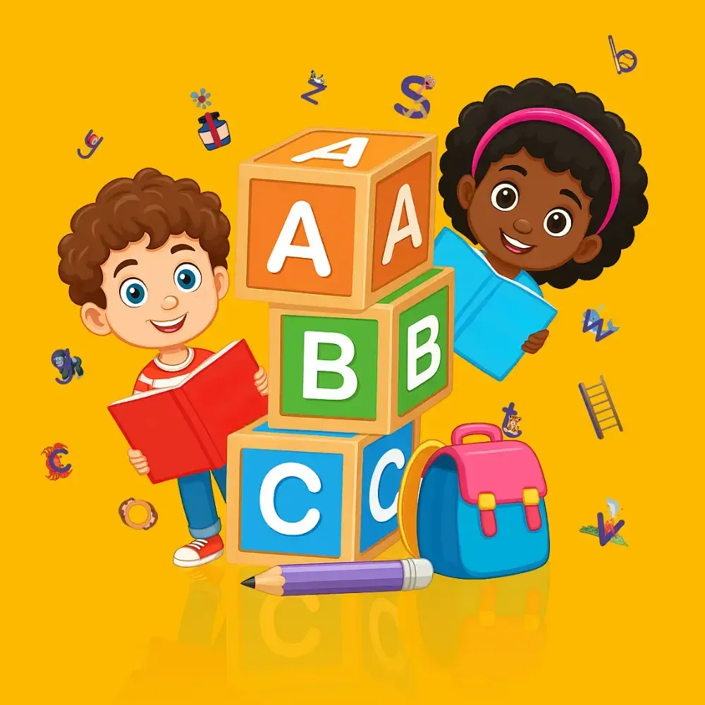 Children playing with colorful alphabet blocks, books, backpack, and pencils on a bright yellow background